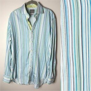 Thomas Dean Mens Shirt Size Medium Pima Cotton Stripes Button Up Long Sleeves